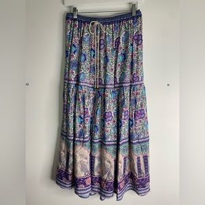 Boho tiger and floral print maxi skirt. Draw string w bells